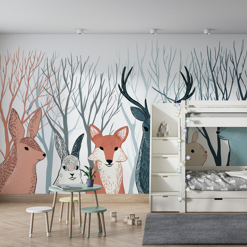 Woodland creatures wallpaper creating magical atmosphere in children's bedroom with natural decor