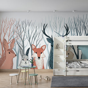 Woodland creatures wallpaper creating magical atmosphere in children's bedroom with natural decor