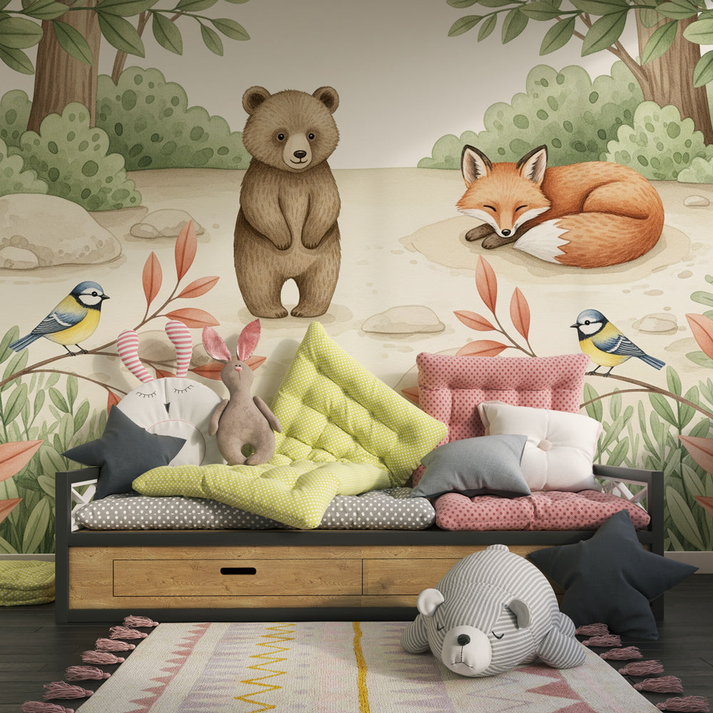 Enchanted woodland wallpaper creating magical atmosphere in children's bedroom decor