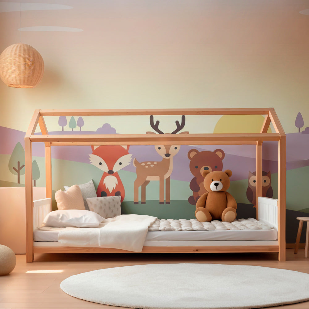 Woodland creatures wallpaper creating serene children's bedroom decor with soft pastel colors