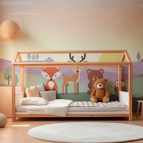 Woodland creatures wallpaper creating serene children's bedroom decor with soft pastel colors
