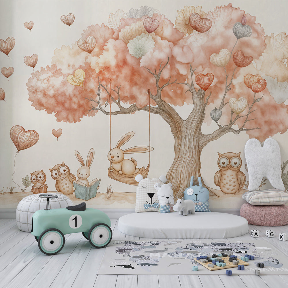 Woodland animal wallpaper creating magical kids bedroom with tree and creatures decor