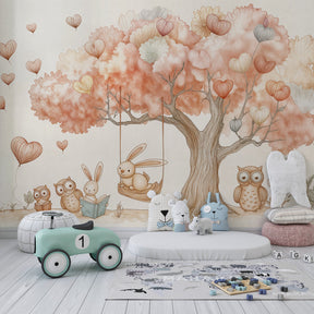 Woodland animal wallpaper creating magical kids bedroom with tree and creatures decor
