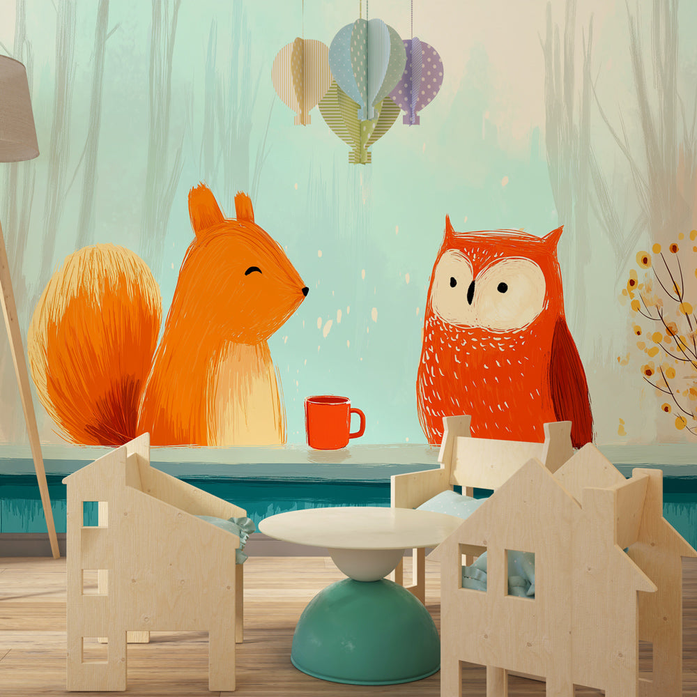 Fox and owl tea time mural wallpaper creating magical woodland bedroom decor for children