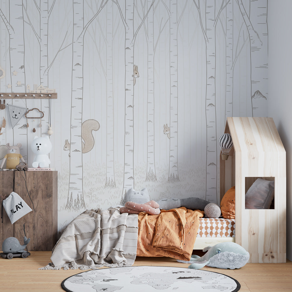 Woodland squirrels mural wallpaper creating magical children's bedroom decor
