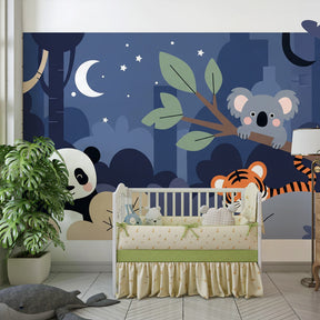 Nocturnal wildlife wallpaper creating magical kids bedroom with starlit forest animals design