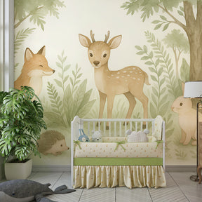 Woodland creatures wallpaper creating peaceful kids bedroom with natural wood furniture