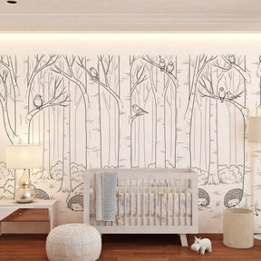 Woodland hedgehogs and birds wallpaper creating peaceful atmosphere in children's bedroom