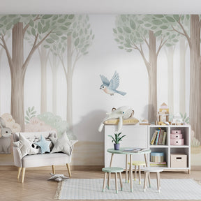 Enchanted woodland mural wallpaper transforming children's bedroom into forest sanctuary