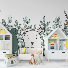 Colorful forest animals wallpaper creating magical kids bedroom with bear rabbit and deer design