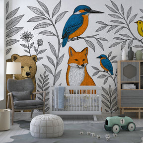 Woodland safari wallpaper creating magical children's bedroom decor with natural furniture