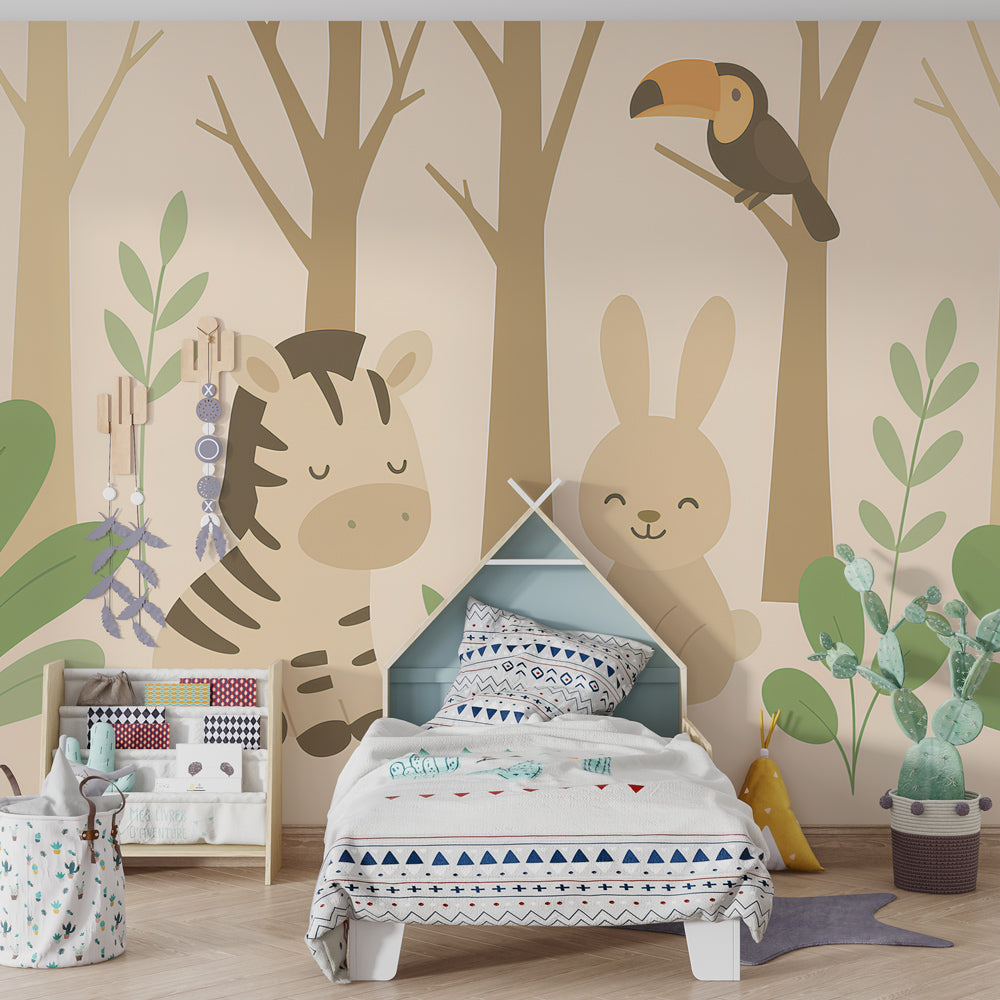 Woodland creatures wallpaper creating peaceful kids bedroom decor with natural elements