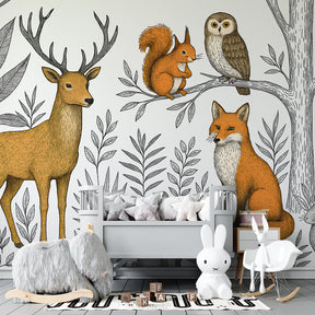 Woodland creatures mural wallpaper with deer and foxes in modern kids bedroom setting