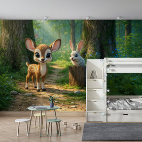 Enchanted woodland mural wallpaper creating magical atmosphere in children's bedroom