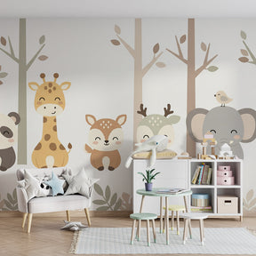 Woodland creatures wallpaper creating cozy children's bedroom atmosphere with natural tones