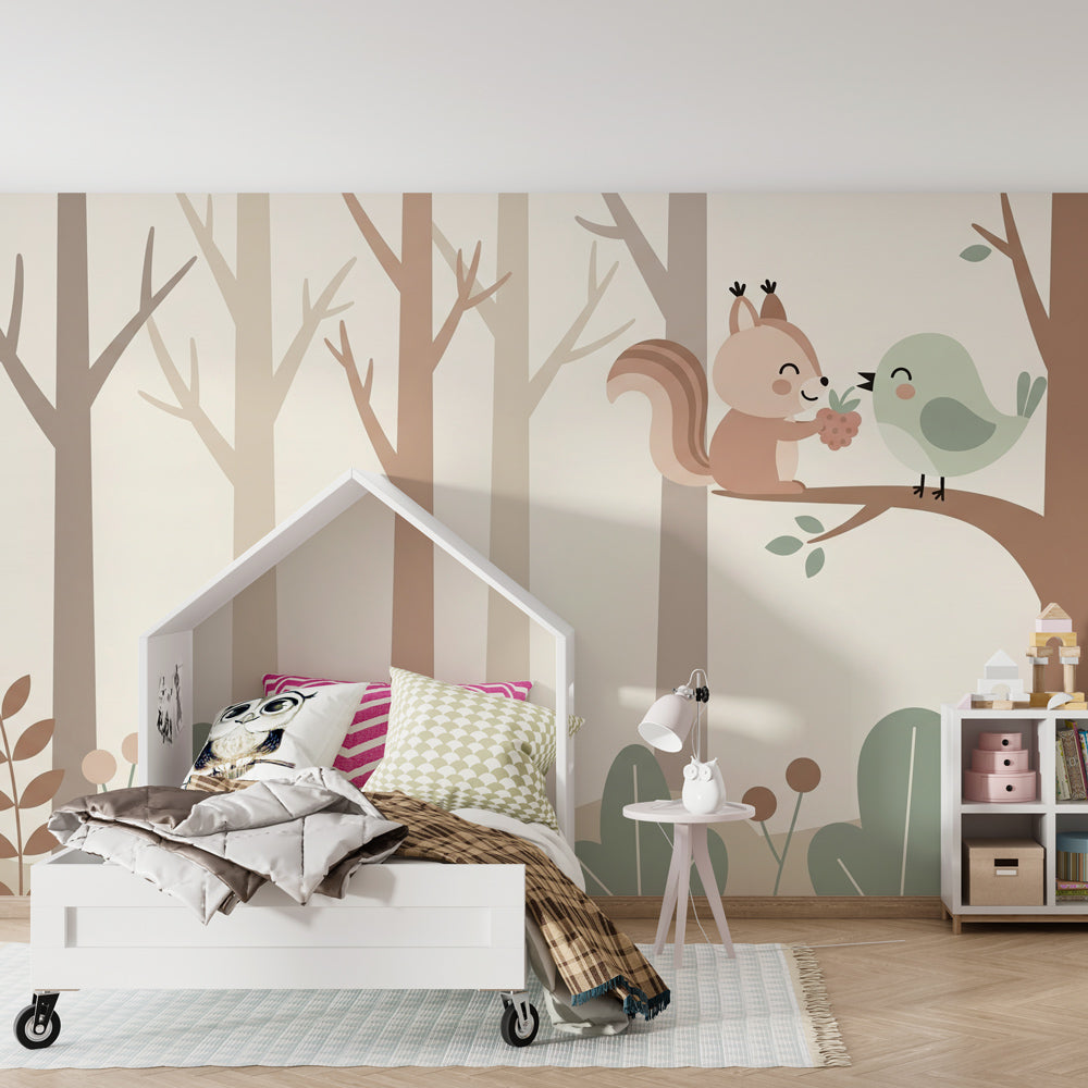 Woodland themed mural wallpaper creating serene atmosphere in children's bedroom decor