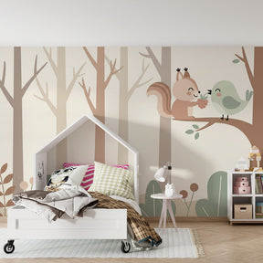 Woodland themed mural wallpaper creating serene atmosphere in children's bedroom decor