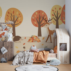 Woodland adventure wallpaper featuring fox and deer in cozy children's bedroom by Kids-Mundo