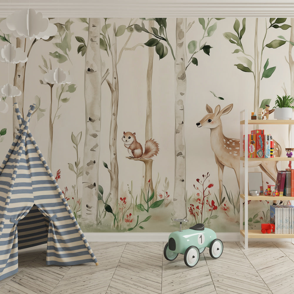 Forest animals wallpaper transforming children's bedroom into whimsical woodland sanctuary