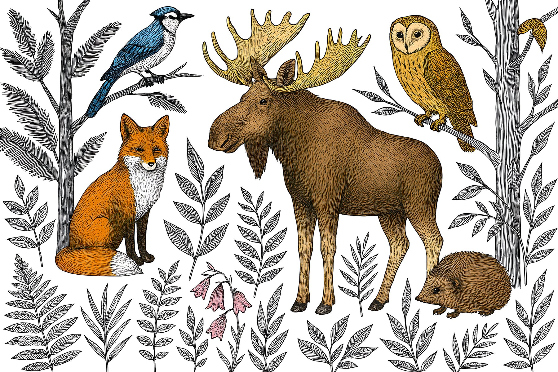 Detailed forest animals mural wallpaper design pattern showing moose fox owl and botanical elements by Kids-Mundo