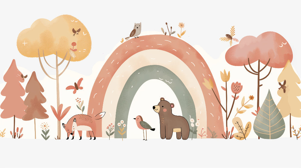 Detailed forest animals and rainbow mural wallpaper design pattern by Kids-Mundo