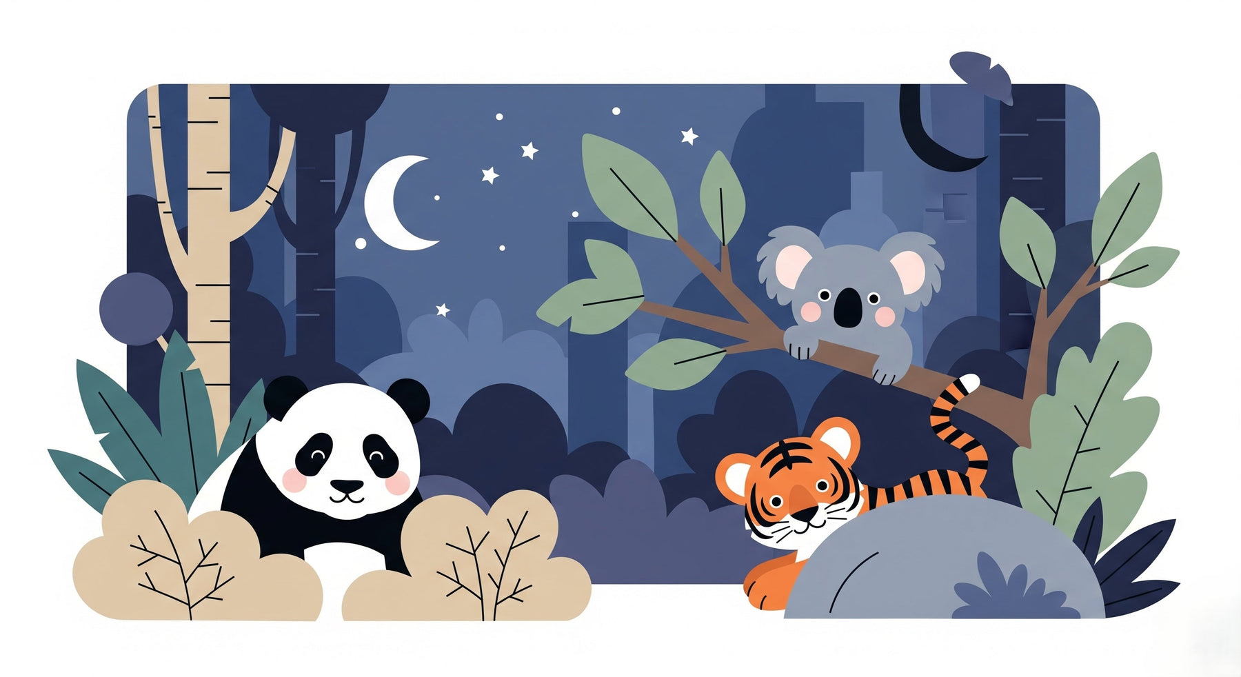 Detailed nocturnal forest animals mural wallpaper design pattern with panda tiger koala by Kids-Mundo