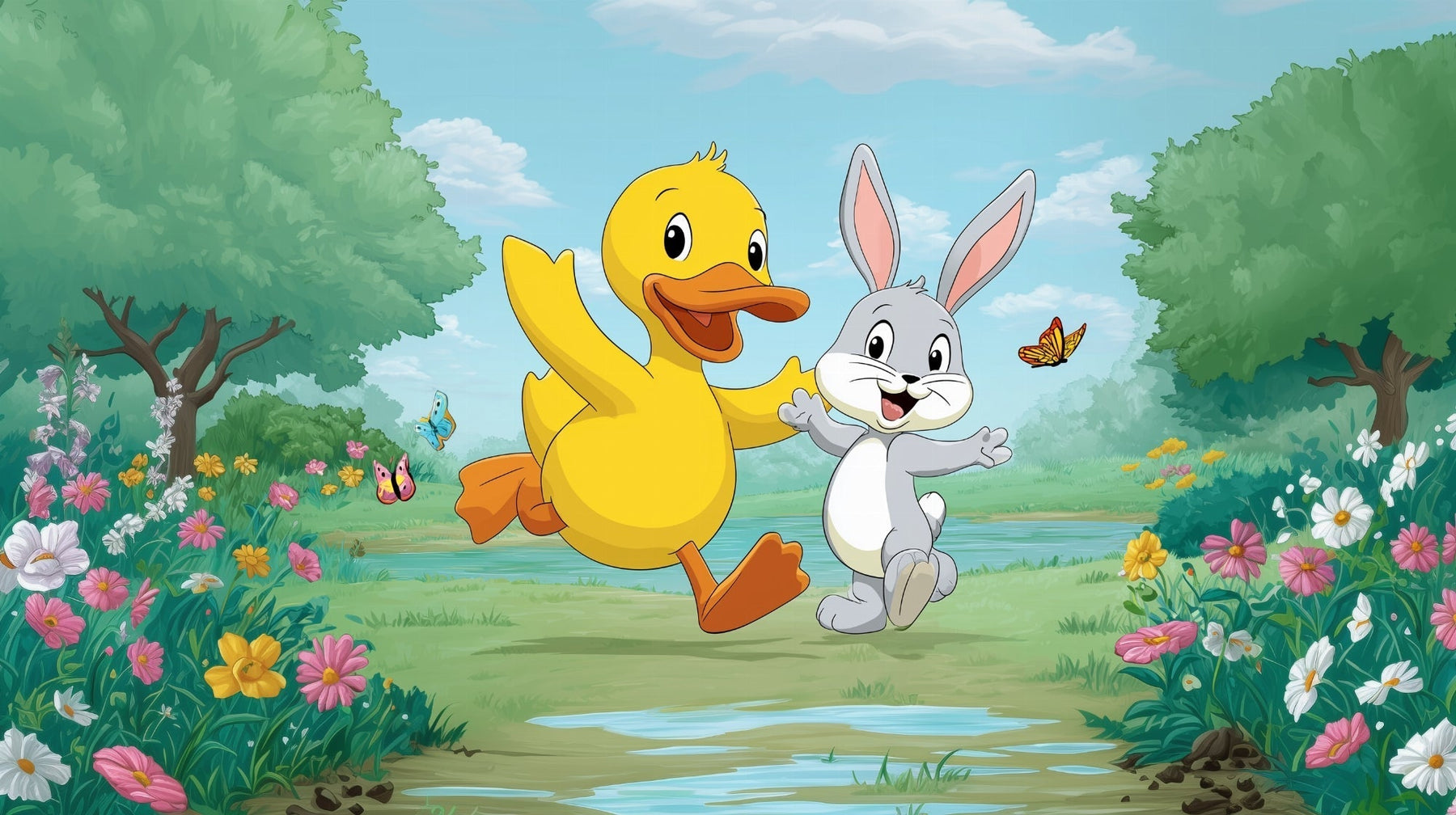 Detailed forest animals mural wallpaper design pattern featuring duck and rabbit by Kids-Mundo