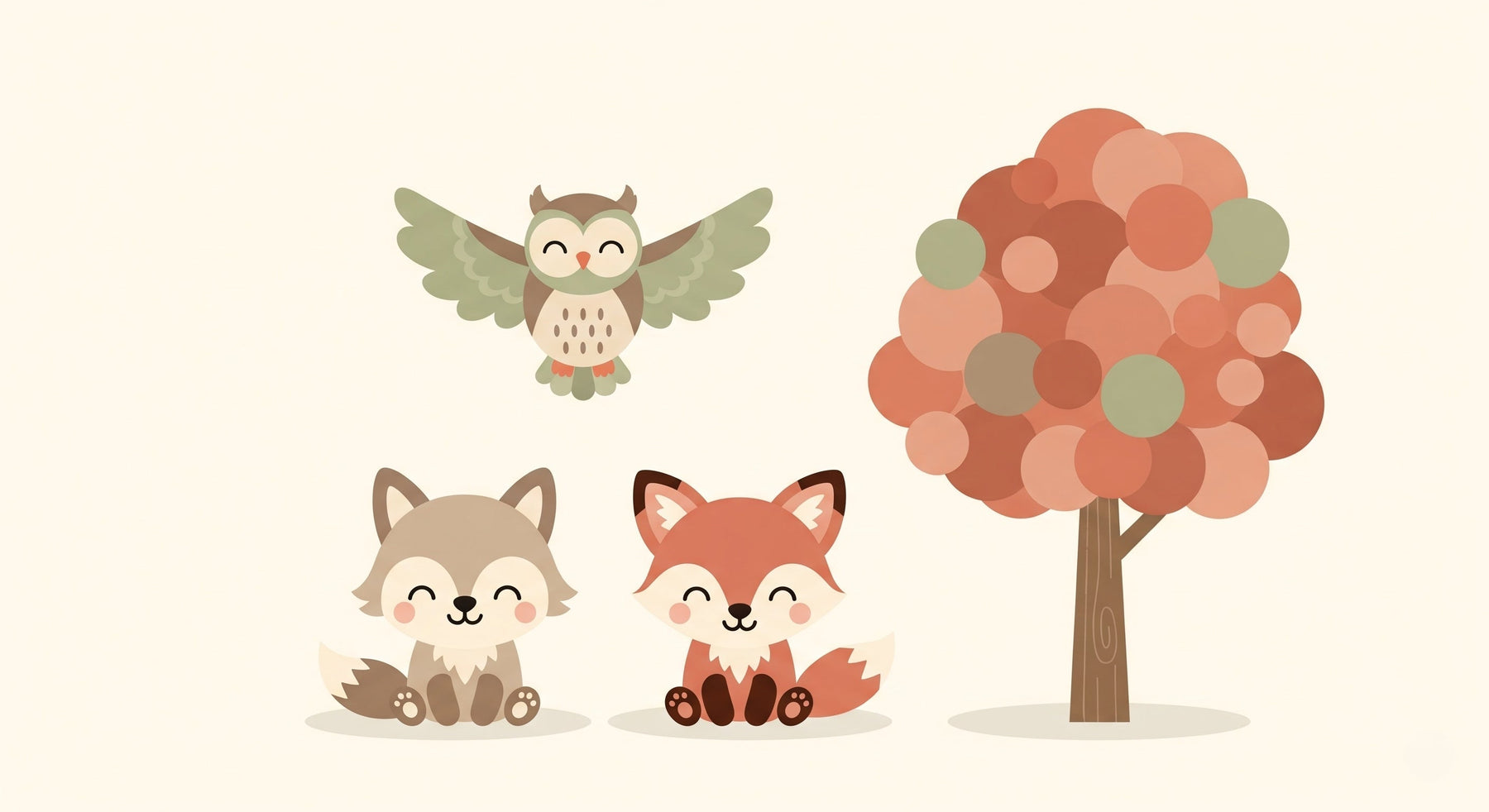 Detailed forest animals mural wallpaper design pattern with foxes owl and tree by Kids-Mundo