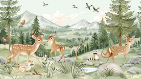 Detailed enchanted forest animals mural wallpaper design pattern with fawns and foxes by Kids-Mundo