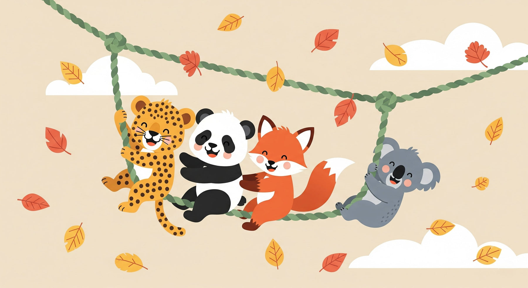 Detailed forest animals mural wallpaper design pattern showing woodland creatures on rope swing by Kids-Mundo