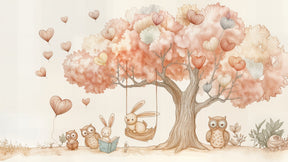 Detailed forest animals mural wallpaper design pattern with tree owls rabbits by Kids-Mundo