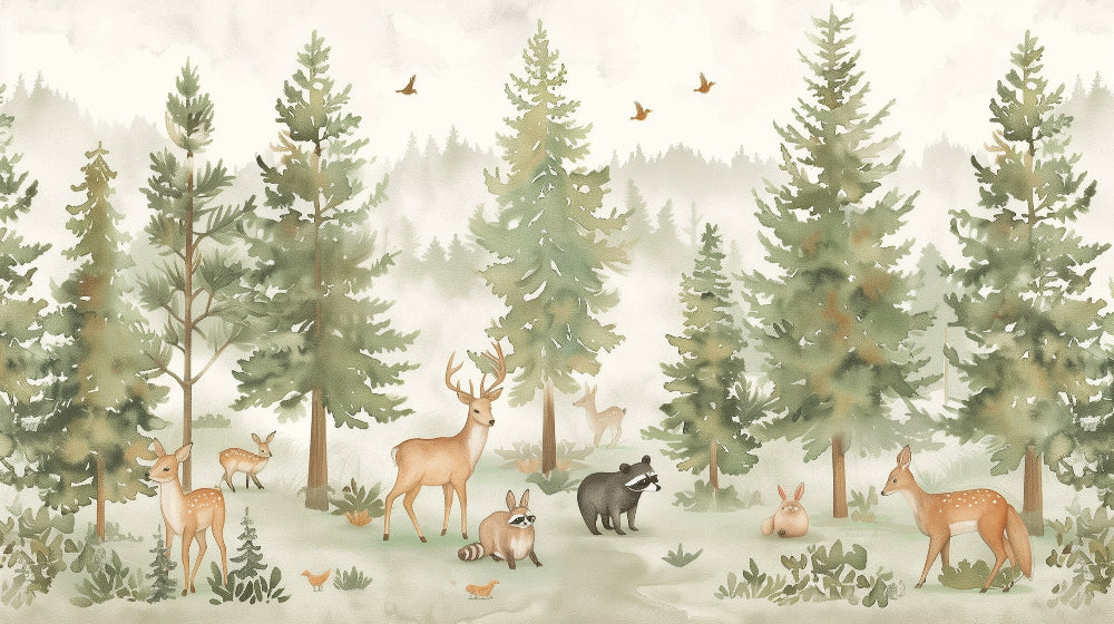 Detailed forest animals mural wallpaper design pattern showing deer raccoons and woodland creatures by Kids-Mundo