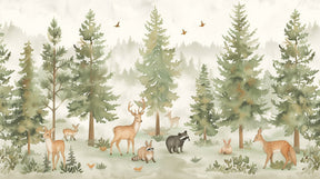 Detailed forest animals mural wallpaper design pattern showing deer raccoons and woodland creatures by Kids-Mundo