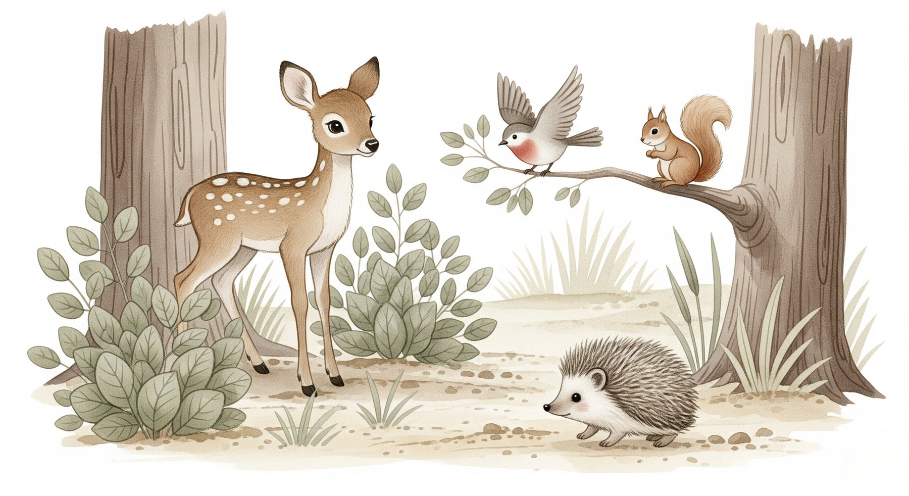 Detailed forest animals mural wallpaper design pattern showing fawn, squirrel and owl by Kids-Mundo