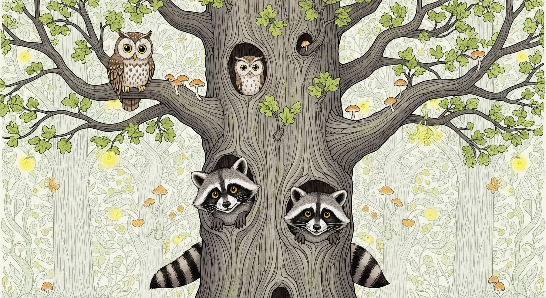 Detailed forest animals mural wallpaper design pattern with tree, raccoons and owl by Kids-Mundo