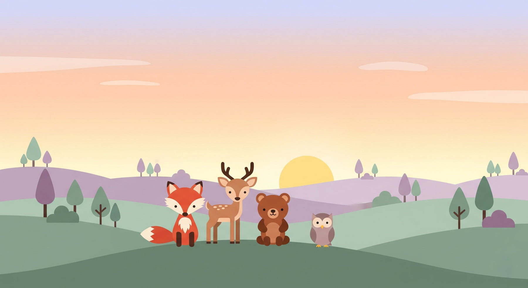 Detailed pastel forest animals mural wallpaper design pattern with woodland creatures by Kids-Mundo