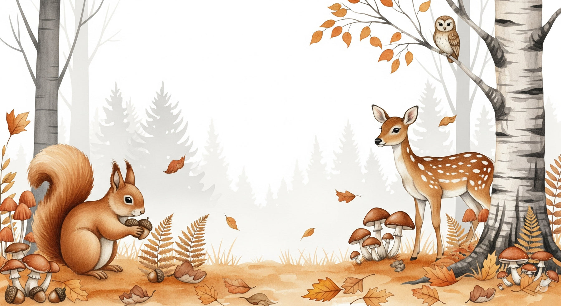 Detailed forest animals mural wallpaper design pattern showing squirrel and deer artwork by Kids-Mundo