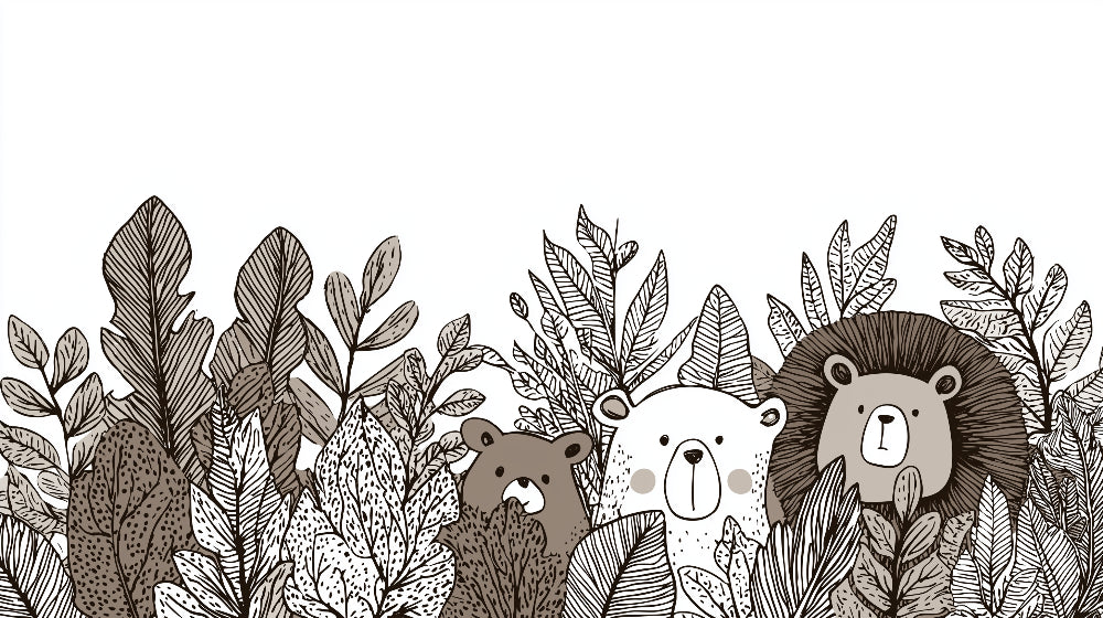 Detailed forest animals mural wallpaper design pattern with jungle bears and lion by Kids-Mundo
