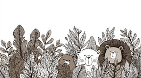 Detailed forest animals mural wallpaper design pattern with jungle bears and lion by Kids-Mundo
