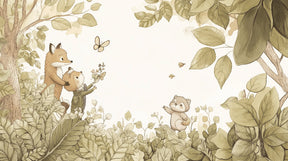Detailed forest animals mural wallpaper design pattern with fox, raccoon and butterfly by Kids-Mundo