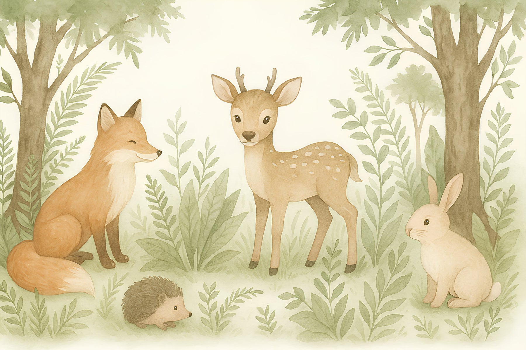 Detailed forest animals mural wallpaper design pattern with fox deer rabbit hedgehog by Kids-Mundo