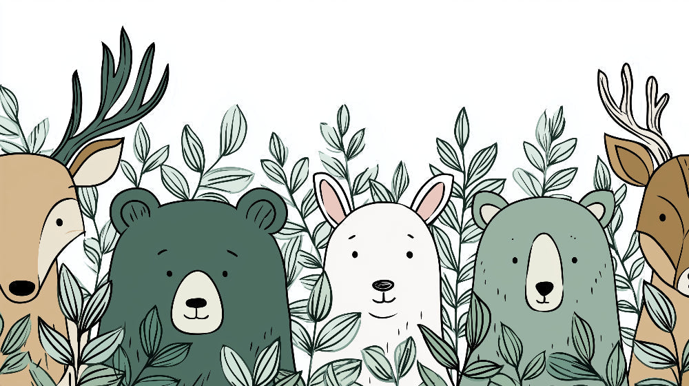 Detailed forest animals mural wallpaper design pattern featuring bear rabbit deer and green foliage by Kids-Mundo