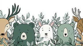 Detailed forest animals mural wallpaper design pattern featuring bear rabbit deer and green foliage by Kids-Mundo
