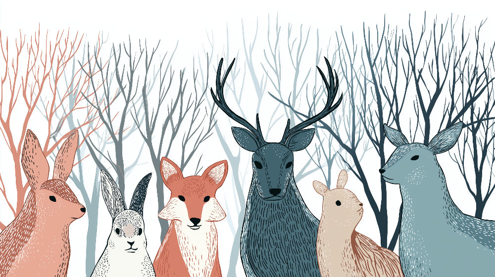 Detailed forest animals mural wallpaper design pattern showing deer fox rabbits by Kids-Mundo