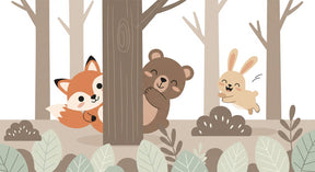 Detailed forest animals mural wallpaper design pattern with fox bear rabbit and trees by Kids-Mundo