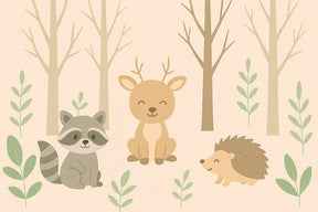 Detailed forest animals mural wallpaper design pattern with raccoon deer hedgehog by Kids-Mundo