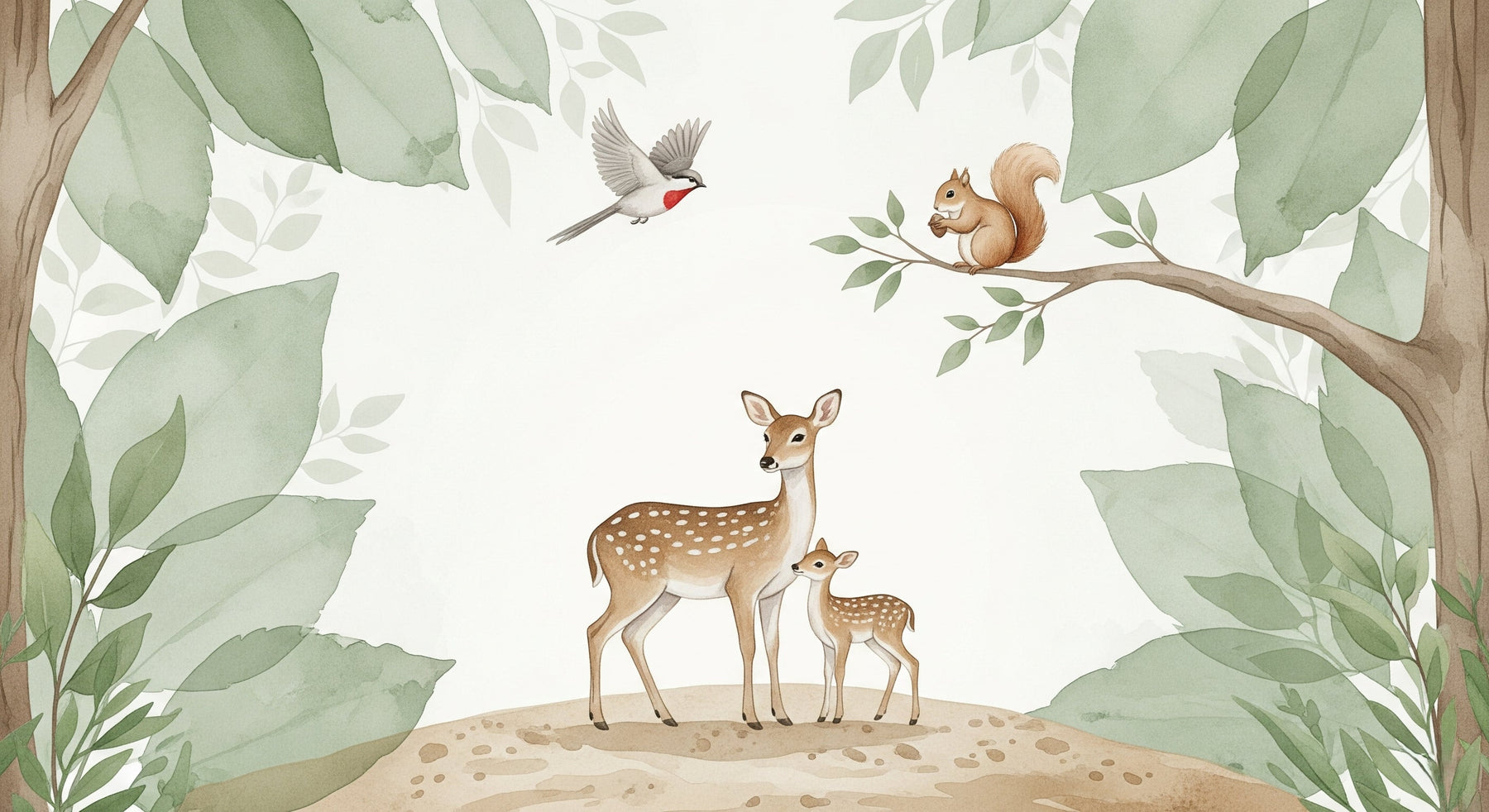 Detailed forest animals mural wallpaper design pattern showing deer family and woodland scene by Kids-Mundo
