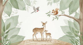 Detailed forest animals mural wallpaper design pattern showing deer family and woodland scene by Kids-Mundo