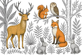 Detailed forest animals mural wallpaper design pattern featuring deer, owl, and woodland creatures by Kids-Mundo
