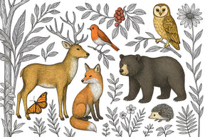Detailed forest animals mural wallpaper design pattern with woodland creatures by Kids-Mundo